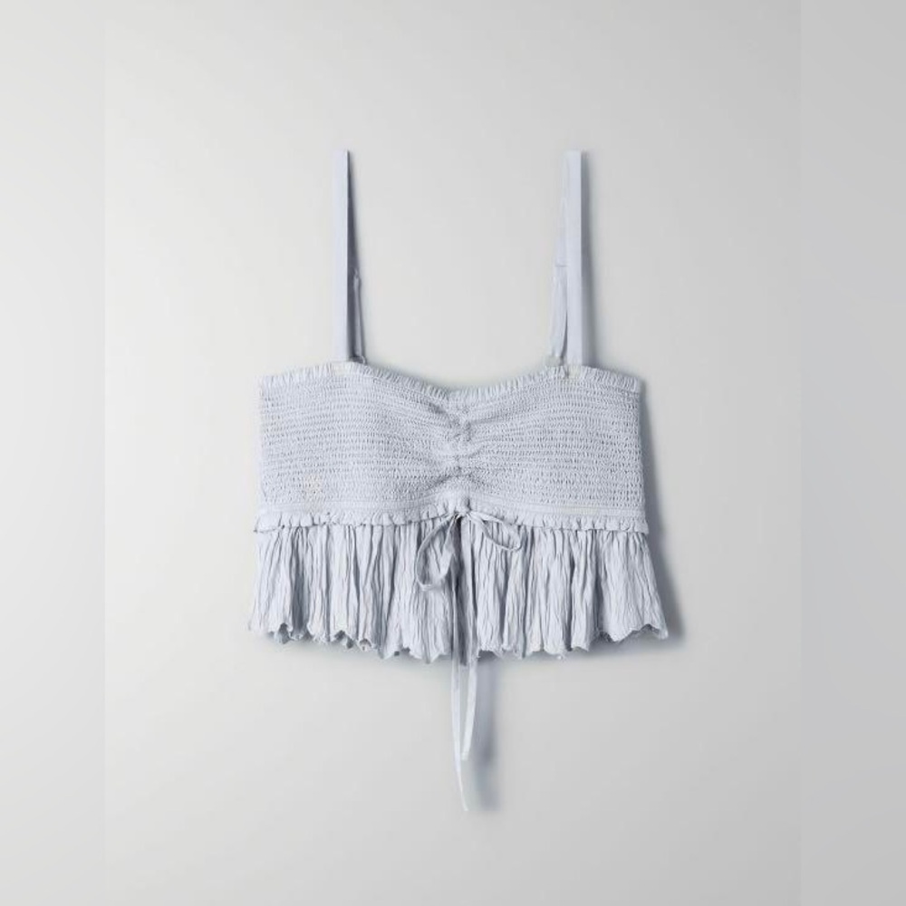 Aritzia Wilfred La Boheme Light Blue Dareau Sweetheart Smocked Cropped Camisole